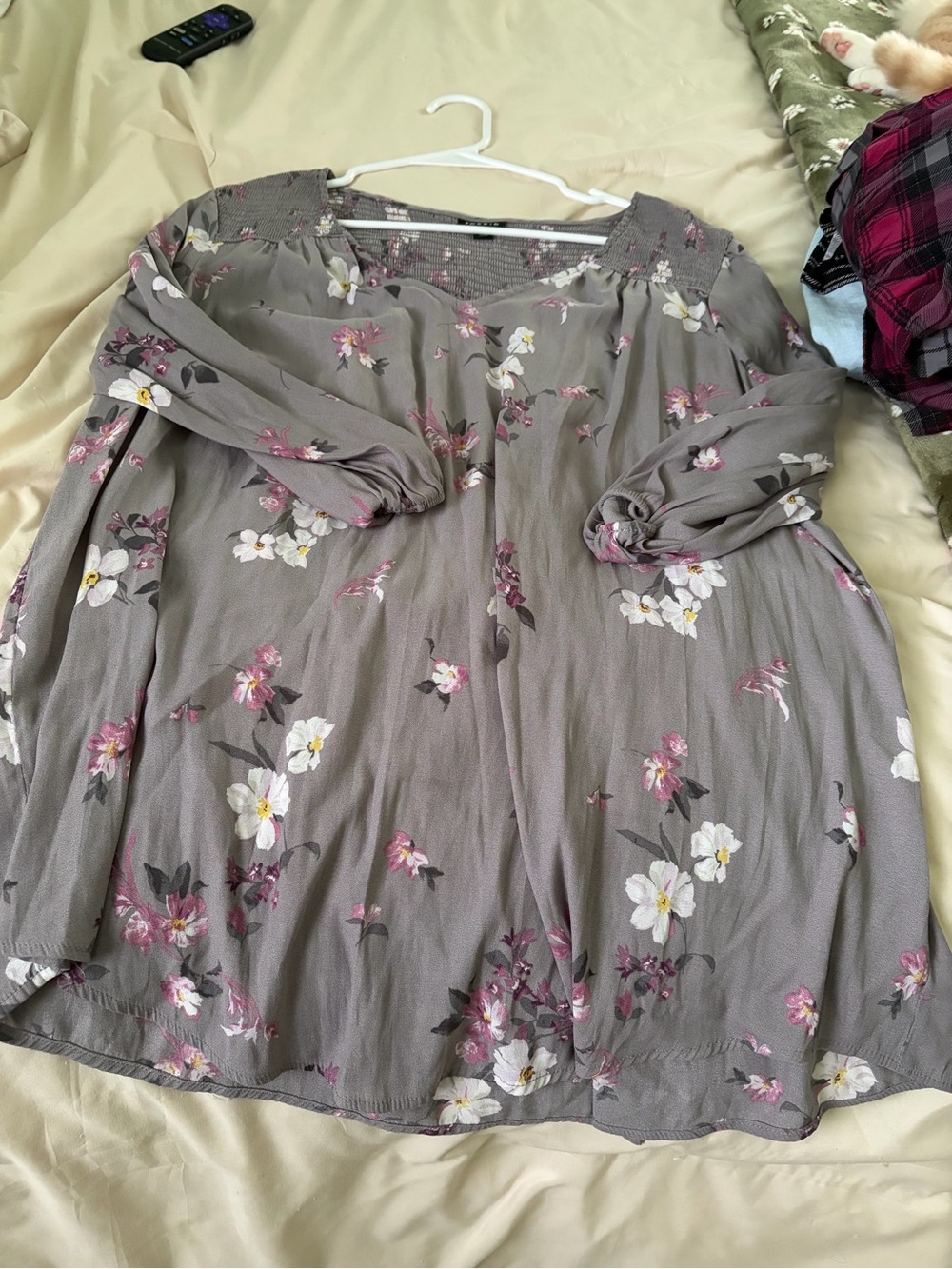 torrid Taupe Floral Smocked Yoke Tunic with Pink & White Flowers